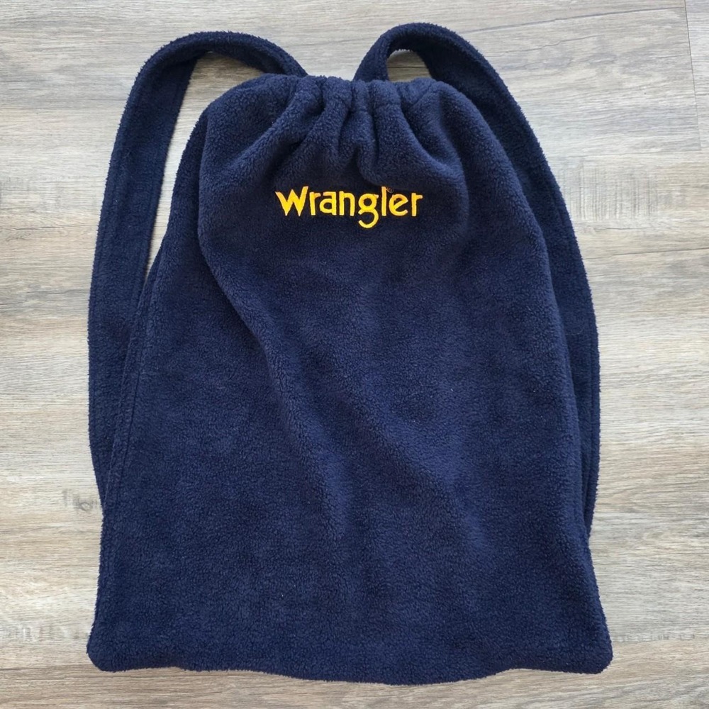 Vintage Wrangler Navy Fleece Drawstring Backpack Yellow Embroidered Logo Bag